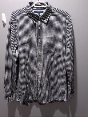 Tommy Hilfiger Men's Custom Fit Navy and White Check Button-Down Shirt Large
